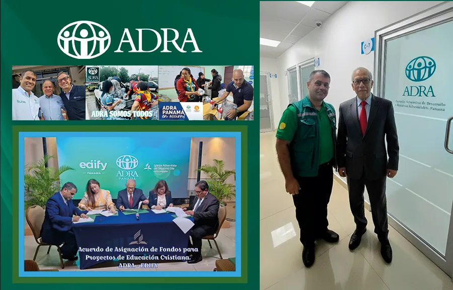 Collage de ADRA Panamá con acuerdos y actividades de ayuda humanitaria